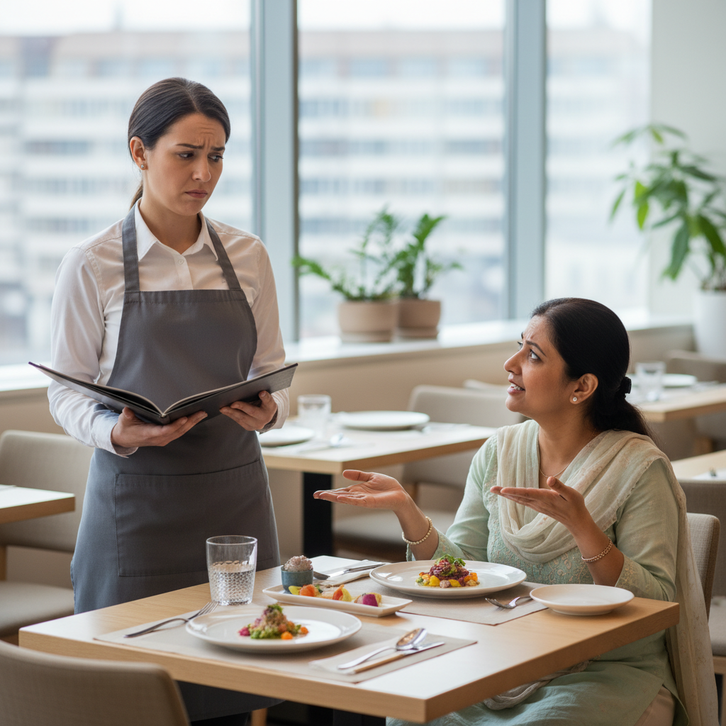 Diner making a no onion no garlic restaurant request Jain style while server looks puzzled at the menu