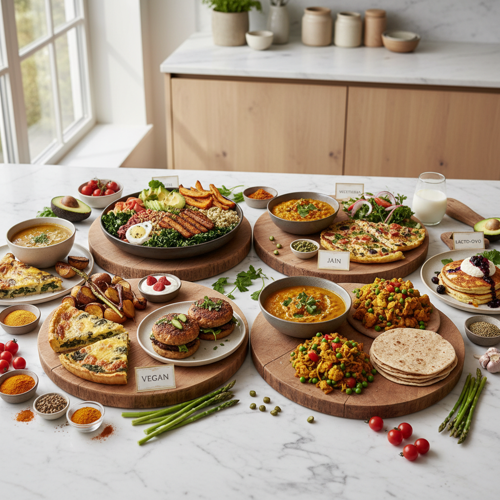 Colorful plant-based food spread illustrating vegetarian vegan Jain lacto-ovo differences across diverse dietary lifestyles and restaurant choices