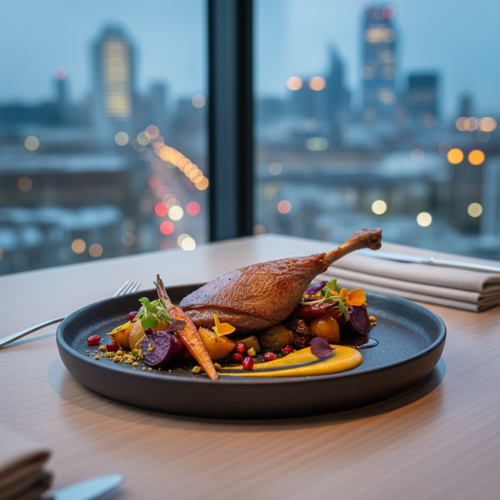 A plated fine-dining dish on a table overlooking a city skyline at dusk