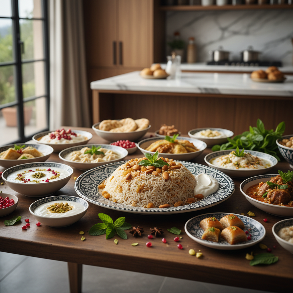 A vibrant spread of Middle Eastern dishes that may contain hidden dairy in Middle Eastern cuisine, including dips and breads
