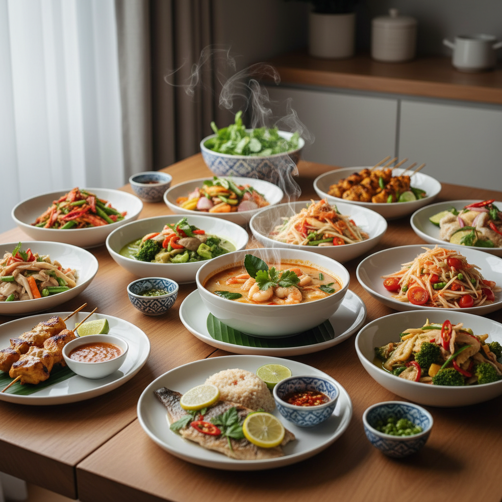 Colorful Thai food spread on a table, ideal for navigating Hashimoto Thai food thyroid autoimmune dietary needs