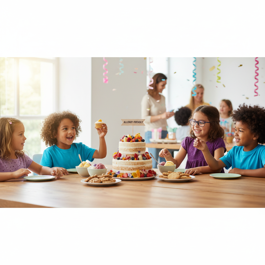 Children celebrating at a birthday party with allergy-friendly cake, showing how diet restrictions kids face can be managed safely