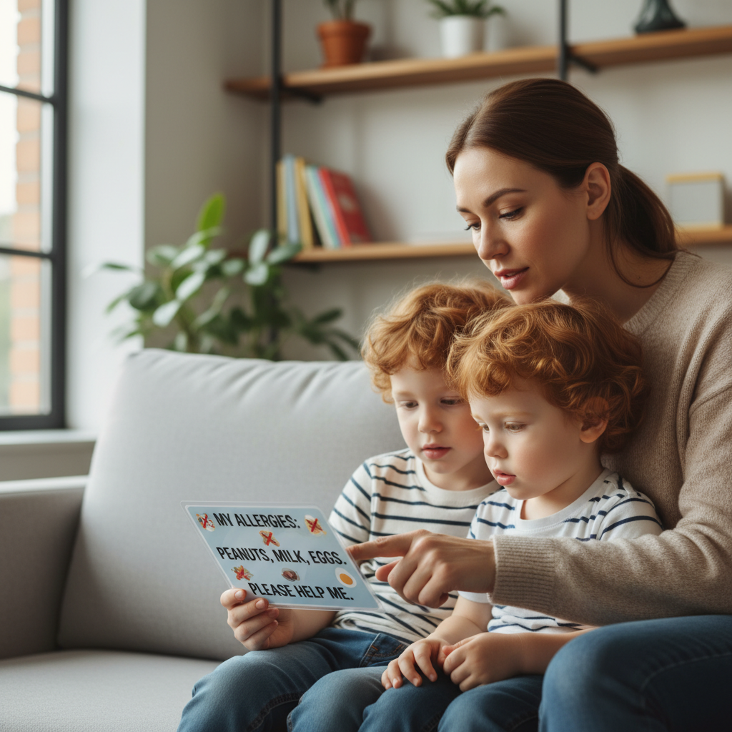 A parent and two young children reading a food-allergy card together at home