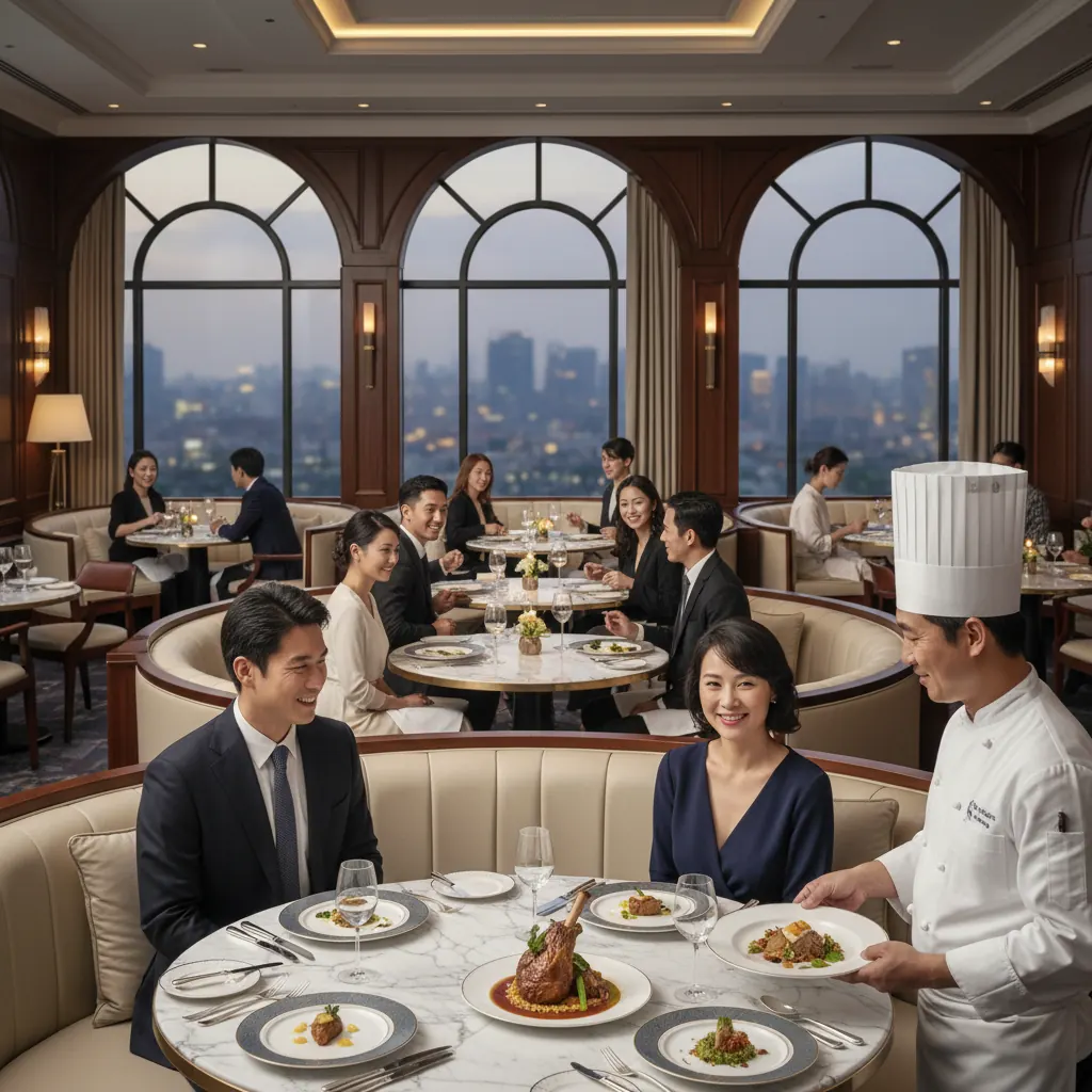 Diners and a chef presenting a plated dish in an upscale fine-dining restaurant