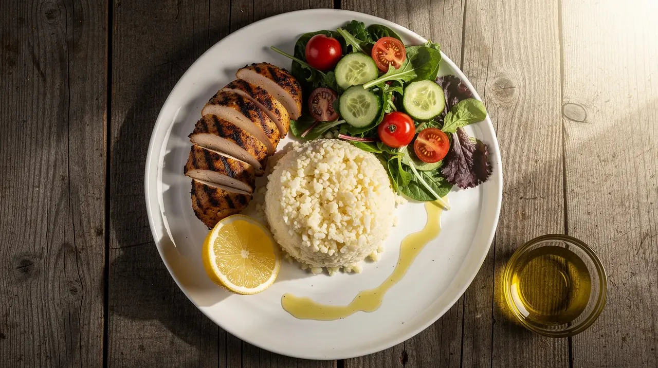 A plate of grilled chicken, rice, and fresh salad