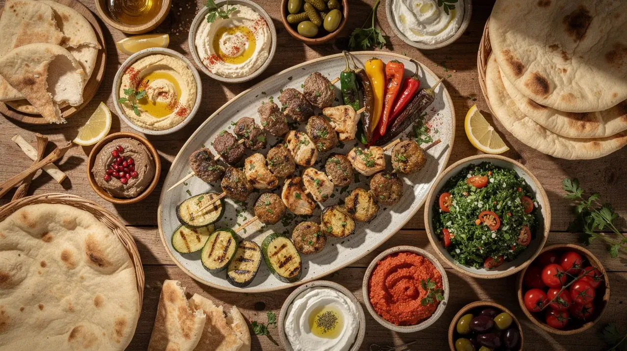 A Middle Eastern mezze spread of grilled meats, flatbreads, and dips
