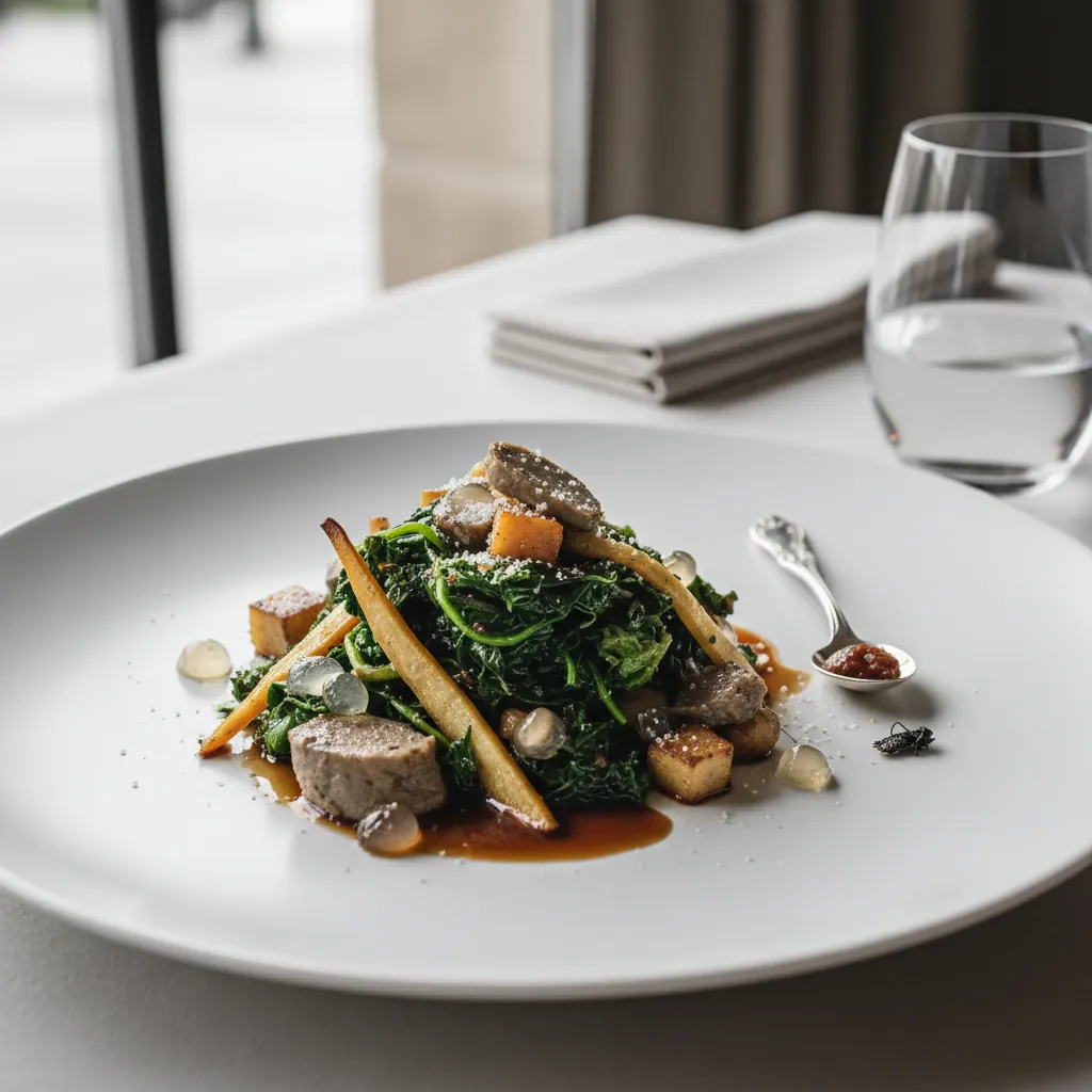 A plated restaurant dish of greens and mushrooms on a white plate