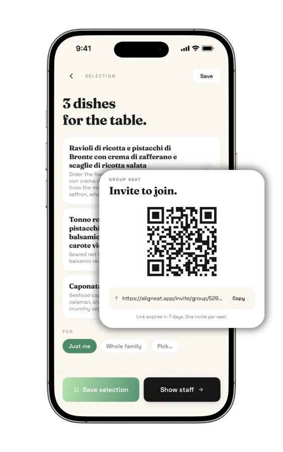 AlignEat group dining screen with multiple dietary profiles
