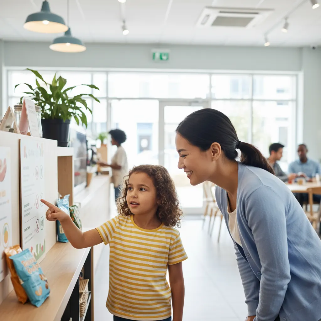 A child pointing at an information board while an adult helps, in a bright cafe